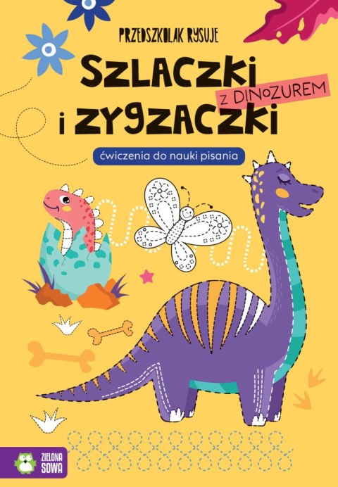 Szlaczki i zygzaczki z dinozaurem. Przedszkolak rysuje Szlaczki i zygzaczki z dinozaurem. Przedszkolak rysuje