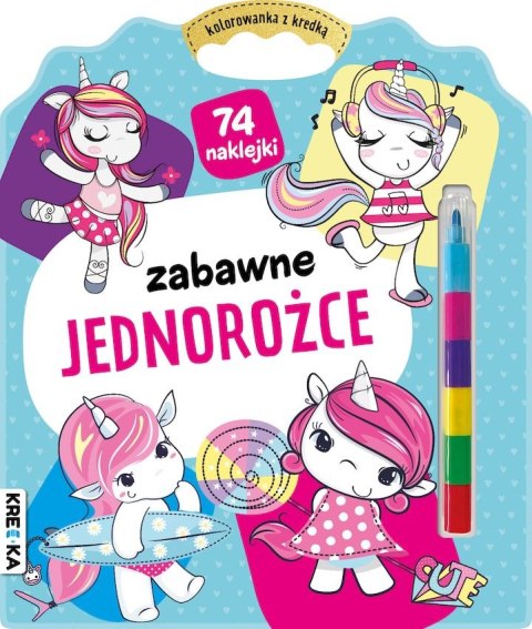 Zabawne jednorożce. Kolorowanka z kredką Zabawne jednorożce. Kolorowanka z kredką