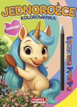Jednorożce z naklejkami. Kolorowanka z naklejkami. Tęczowa kredka